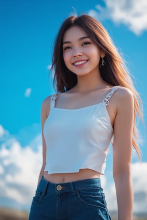 Byzantine girl with blue sky and white clouds background, sexy outfit, upper body, front view, (Masterpiece, Top Quality, Top Image Quality, Official Art, Aesthetic and Beautiful:1.2), (1girl:1.4), white beautiful skin, smiling face, portrait, extreme color, highest definition, simple background, 16K, high resolution Perfect Dynamic Composition, Bokeh, (Sharp Focus:1.2), Ultra Wide Angle, High Angle, High Color Contrast, Medium Shot, Depth of Field, Background Blur,,itacstl,poakl girl,Realistic Enhance