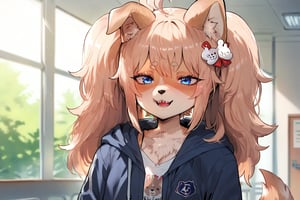 highly detailed, high quality, beautiful, masterpiece, high_quality, score_9, score_8_up, score_7_up, source_anime, perfect_lighting, score_6_up, suurin, mirham, furry, indoors, school, female_focus, 1girl, enoshima_junko, depth_of_field, blurred_background, standing, loli, lolicon, female_kid, female_child, dog_ears, dog_tail, brown_fur, flat_chest, blue_eyes, sharp_teeth