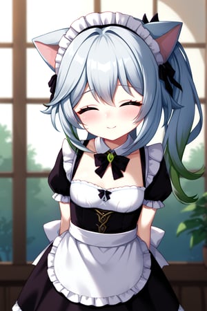 Nahida (Genshin Impact), maid outfit, cat ears, arms behind back, closed eyes, blush, shy smile, more detail XL