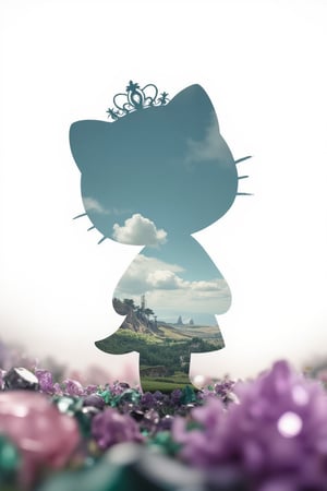 A mysterious realm unfolds: the silhouette of a curious Hello Kitty with tiara and hair and delicate features stands out against the bright white background. In the distance lies a dreamlike landscape, reminiscent of the whimsy of Studio Ghibli. Vibrant colors of emeralds and amethysts dance at the forefront, as if illuminated by an ethereal light. The composition uses a subtle double exposure effect to create a captivating atmosphere of depth and dimension.