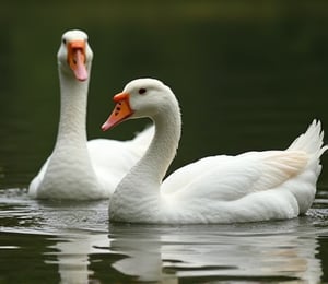 White Roman geese playing in the dreamy pond