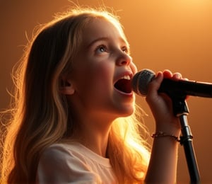 Q art style,A close-up shot of a young girl with a microphone in hand, her voice soaring as she sings with passion and conviction. Soft golden light illuminates her face, highlighting the determined look in her eyes. The background is blurred, focusing attention on her powerful performance. Her long hair flows freely around her shoulders as she belts out the lyrics.