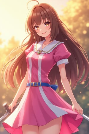 A close-up shot of a youthful anime heroine standing confidently, her long hair styled in loose waves framing her heart-shaped face. Her bright pink dress with white and blue accents cinches at the waist, showcasing toned arms and legs. Soft golden lighting casts a warm glow on her porcelain skin as she poses with one hand resting on the hilt of her sword, the other holding a gleaming gemstone.