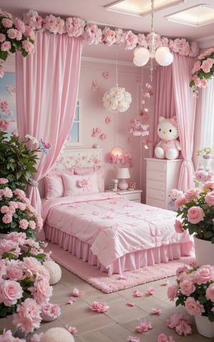  Hello Kitty theme  ,Pink house  ,Signature bow ,Cat ears  ,Paw-shaped windows  ,Soft pink furniture  ,Hello Kitty plush toys   ,Murals  ,Matching curtains and lamps   ,Pastel flowers  ,Garden statue  , Dreamy atmosphere  ,Playful vibe  