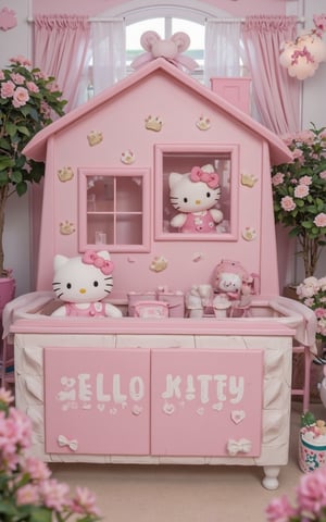  Hello Kitty theme  ,Pink house  ,Signature bow ,Cat ears  ,Paw-shaped windows  ,Soft pink furniture  ,Hello Kitty plush toys   ,Murals  ,Matching curtains and lamps   ,Pastel flowers  ,Garden statue  , Dreamy atmosphere  ,Playful vibe  