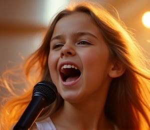 A close-up shot of a young girl with a microphone in hand, her voice soaring as she sings with passion and conviction. Soft golden light illuminates her face, highlighting the determined look in her eyes. The background is blurred, focusing attention on her powerful performance. Her long hair flows freely around her shoulders as she belts out the lyrics.