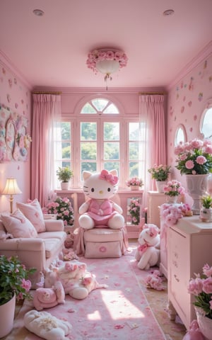  Hello Kitty theme  ,Pink house  ,Signature bow ,Cat ears  ,Paw-shaped windows  ,Soft pink furniture  ,Hello Kitty plush toys   ,Murals  ,Matching curtains and lamps   ,Pastel flowers  ,Garden statue  , Dreamy atmosphere  ,Playful vibe  