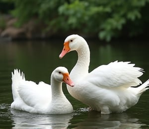 White Roman geese playing in the dreamy pond