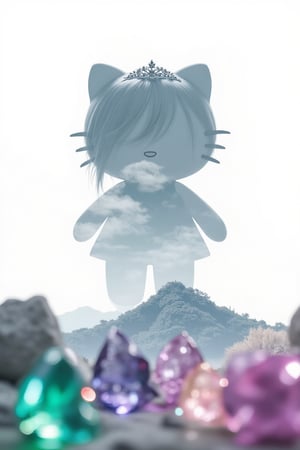 A mysterious realm unfolds: the silhouette of a curious Hello Kitty with tiara and hair and delicate features stands out against the bright white background. In the distance lies a dreamlike landscape, reminiscent of the whimsy of Studio Ghibli. Vibrant colors of emeralds and amethysts dance at the forefront, as if illuminated by an ethereal light. The composition uses a subtle double exposure effect to create a captivating atmosphere of depth and dimension.