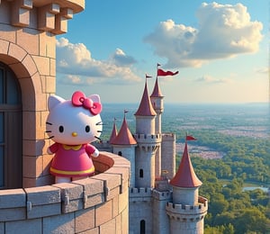 On the high tower of the castle, Hello Kitty stood on the balcony overlooking the entire kingdom. The breeze gently blew her ribbon, and the flowers in the distant garden were blooming, as if to greet her. Every room in the castle is full of magic. As she steps, the lights automatically turn on, and the murals on the walls seem to whisper mysterious stories. This castle is not only her home, but also the starting point of dreams and adventures.