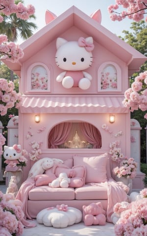  Hello Kitty theme  ,Pink house  ,Signature bow ,Cat ears  ,Paw-shaped windows  ,Soft pink furniture  ,Hello Kitty plush toys   ,Murals  ,Matching curtains and lamps   ,Pastel flowers  ,Garden statue  , Dreamy atmosphere  ,Playful vibe  