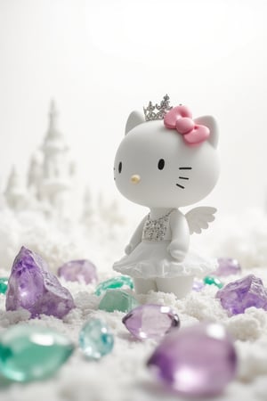 In a surreal, dreamlike realm, a delicate Hello Kitty figure stands out against a brilliant white background, her tiara and intricate features showcasing gentle curiosity. A mystical landscape unfolds in the distance, reminiscent of Studio Ghibli's whimsical world. Emeralds and amethysts shimmer at the forefront, as if radiating an otherworldly light. The subtle double exposure effect creates depth, while the vibrant colors dance across the canvas, inviting the viewer to step into this enchanting atmosphere.