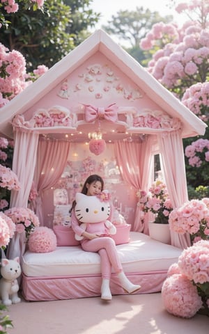  Hello Kitty theme  ,Pink house  ,Signature bow ,Cat ears  ,Paw-shaped windows  ,Soft pink furniture  ,Hello Kitty plush toys   ,Murals  ,Matching curtains and lamps   ,Pastel flowers  ,Garden statue  , Dreamy atmosphere  ,Playful vibe  