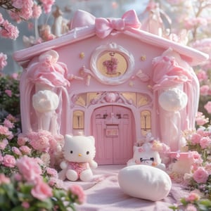  Hello Kitty theme  ,Pink house  ,Signature bow ,Cat ears  ,Paw-shaped windows  ,Soft pink furniture  ,Hello Kitty plush toys   ,Murals  ,Matching curtains and lamps   ,Pastel flowers  ,Garden statue  , Dreamy atmosphere  ,Playful vibe  