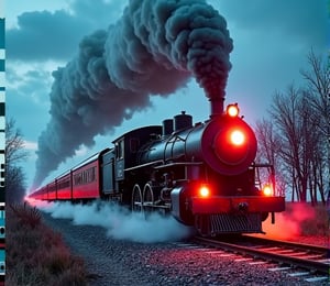 Steam train fast, Auroracore, chalk art, long shot, Cinema4D rendering, Grainy, Tapestry, bright colors, Grindhouse, fluorescent lighting, Highly detailed