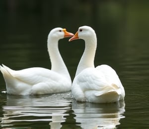 White Roman geese playing in the dreamy pond