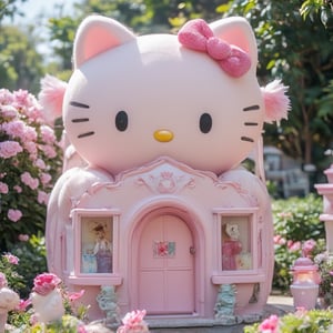  Hello Kitty theme  ,Pink house  ,Signature bow ,Cat ears  ,Paw-shaped windows  ,Soft pink furniture  ,Hello Kitty plush toys   ,Murals  ,Matching curtains and lamps   ,Pastel flowers  ,Garden statue  , Dreamy atmosphere  ,Playful vibe  