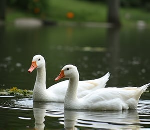 White Roman geese playing in the dreamy pond