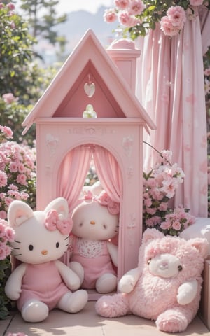  Hello Kitty theme  ,Pink house  ,Signature bow ,Cat ears  ,Paw-shaped windows  ,Soft pink furniture  ,Hello Kitty plush toys   ,Murals  ,Matching curtains and lamps   ,Pastel flowers  ,Garden statue  , Dreamy atmosphere  ,Playful vibe  