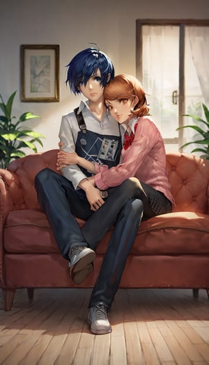 Score_9, score_8_up, score_7_up, score_6_up, score_5_up, score_4_up, source_anime, BREAK
Highly-detailed, duo, 1boy, 1girl, yuuki makoto, takeba yukari, persona, sitting on sofa, living room, hug, soejima shigenori