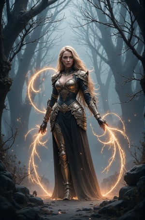 Blake Lively, 16K, UHD, long blonde hair, A majestic sorceress stands at the center of an enchanted forest, clad in intricate, dark metallic armor with sharp, regal designs. Her long, flowing hair glimmers like spun gold, contrasting with the dark backdrop of twisted trees and ethereal mist. Surrounding her are vibrant tendrils of golden lightning, swirling around her arms as she conjures powerful magic. The atmosphere is misty and mystical, illuminated by the soft glow of her energy, creating an impressionistic ambiance. Shadows of skeletal hands reach out from the ground, hinting at a forgotten world, while soft hues of blue and gray dominate the scene, enhancing the magical glow of the golden sparks and the silver highlights of her armor. The overall aesthetic is hyperrealistic, with a blend of fantasy elements, capturing an enchanting moment filled with power and resilience.