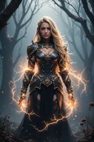 Blake Lively, 16K, UHD, long blonde hair, A majestic sorceress stands at the center of an enchanted forest, clad in intricate, dark metallic armor with sharp, regal designs. Her long, flowing hair glimmers like spun gold, contrasting with the dark backdrop of twisted trees and ethereal mist. Surrounding her are vibrant tendrils of golden lightning, swirling around her arms as she conjures powerful magic. The atmosphere is misty and mystical, illuminated by the soft glow of her energy, creating an impressionistic ambiance. Shadows of skeletal hands reach out from the ground, hinting at a forgotten world, while soft hues of blue and gray dominate the scene, enhancing the magical glow of the golden sparks and the silver highlights of her armor. The overall aesthetic is hyperrealistic, with a blend of fantasy elements, capturing an enchanting moment filled with power and resilience.