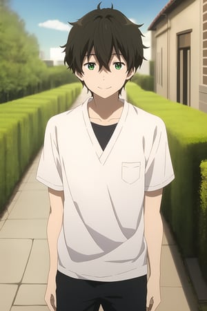 oreki houtarou, 1boy, brown hair, green eyes, smile, outdoors
