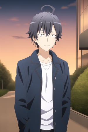 hikigaya hachiman s2,black hair,black eyes,sanpaku,ahoge,smile,outdoors,dusk