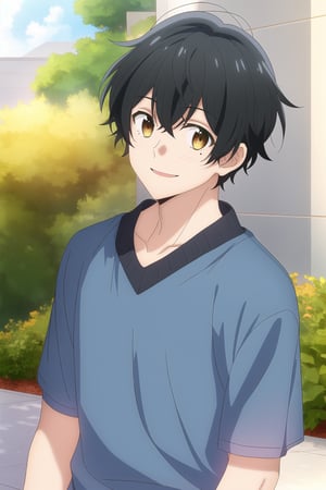 miyano yoshikazu,1boy,black hair,yellow eyes,mole under eye, smile, outdoors
