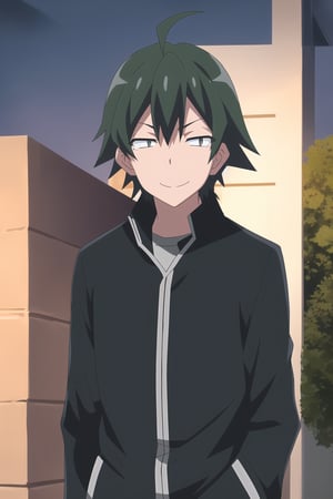 hikigaya hachiman s1,green hair,black eyes,sanpaku,ahoge,smile,outdoors,dusk