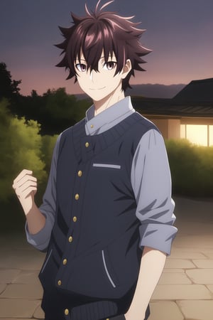 tenjou yuuya,1boy,brown eyes,smile,outdoors,dusk,