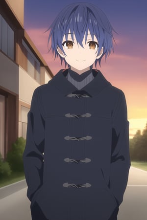 itsuka shido,1boy,brown eyes,blue hair，smile,outdoors,dusk,