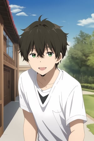 oreki houtarou, 1boy, brown hair, green eyes, smile, outdoors
