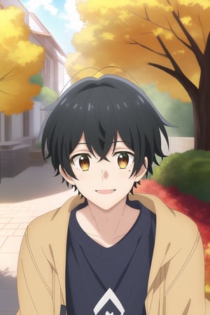 miyano yoshikazu,1boy,black hair,yellow eyes,mole under eye, smile, outdoors
