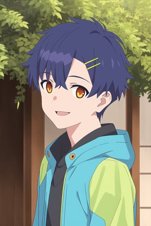 asanaka yomogi, 1boy, blue hair, orange eyes, hair ornament, smile, outdoors
