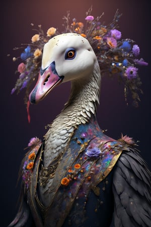 close up portrait, Chaotic color patterns, asymmetrical silhouettes, (Ultra High Definition), (Ultra-Realistic 8k CG), 1 goose, vivid scene where the goose skeletal-faced Delicate face, soft skin. very real and beautiful, detailed goose face, glittering goose skin, detailed goose eyes, hyperdetailed, sharp, intricated, fantasy flowers, goose skull decorated with gold, adorned in tattered ceremonial robes,detailed,in Velvet Room,