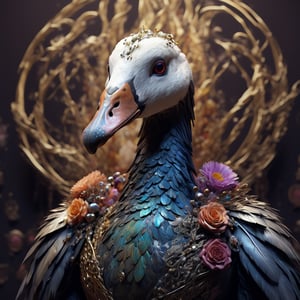 close up portrait, Chaotic color patterns, asymmetrical silhouettes, (Ultra High Definition), (Ultra-Realistic 8k CG), 1 goose, vivid scene where the goose skeletal-faced Delicate face, soft skin. very real and beautiful, detailed goose face, glittering goose skin, detailed goose eyes, hyperdetailed, sharp, intricated, fantasy flowers, goose skull decorated with gold, adorned in tattered ceremonial robes,detailed,in Velvet Room,