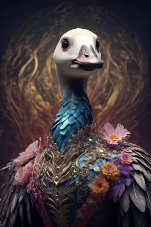 close up portrait, Chaotic color patterns, asymmetrical silhouettes, (Ultra High Definition), (Ultra-Realistic 8k CG), 1 goose, vivid scene where the goose skeletal-faced Delicate face, soft skin. very real and beautiful, detailed goose face, glittering goose skin, detailed goose eyes, hyperdetailed, sharp, intricated, fantasy flowers, goose skull decorated with gold, adorned in tattered ceremonial robes,detailed,in Velvet Room,