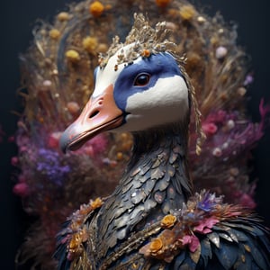 close up portrait, Chaotic color patterns, asymmetrical silhouettes, (Ultra High Definition), (Ultra-Realistic 8k CG), 1 goose, vivid scene where the goose skeletal-faced Delicate face, soft skin. very real and beautiful, detailed goose face, glittering goose skin, detailed goose eyes, hyperdetailed, sharp, intricated, fantasy flowers, goose skull decorated with gold, adorned in tattered ceremonial robes,detailed,in Velvet Room,