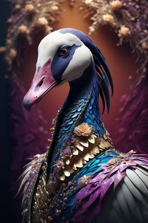 close up portrait, Chaotic color patterns, asymmetrical silhouettes, (Ultra High Definition), (Ultra-Realistic 8k CG), 1 goose, vivid scene where the goose skeletal-faced Delicate face, soft skin. very real and beautiful, detailed goose face, glittering goose skin, detailed goose eyes, hyperdetailed, sharp, intricated, fantasy flowers, goose skull decorated with gold, adorned in tattered ceremonial robes,detailed,in Velvet Room,