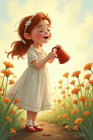 Illustration Idea: Lila  watering the seed and singing, with a look of anticipation on her face dress cloure wite every flower https://image.tensorartassets.com/cdn-cgi/image/anim=false,plain=false,w=2048,f=jpeg,q=85/posts/images/760688912267027458/d683dc6e-5295-43a0-af5f-820105d8bf92.png drese whit clour girl face same every image







