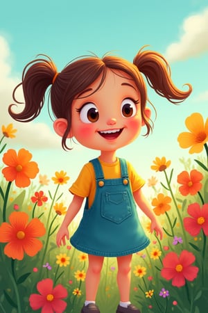 Illustration Idea: Lila, a young girl with pigtails, playing in a colorful garden filled with blooming flowers.

