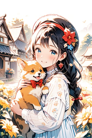 1girl, solo, long hair, looking at viewer, blush, smile, bangs, blue eyes, shirt, hair ornament, long sleeves, hat, dress, bow, ribbon, holding, jewelry, , upper body, flower, earrings, , hair flower, red bow, "Focus on the same girl, "Depict the same girl, Aisha, with dark hair tied in a braid, standing in the small village garden. Her grandmother, an elderly woman with kind eyes, is hugging her after she found the necklace. The background should remain consistent with the previous scenes, featuring the same cozy, rustic village environment."







