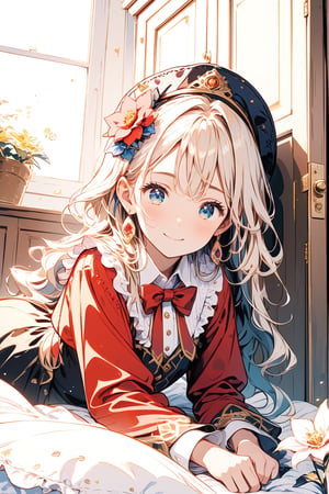 1girl, solo, long hair, looking at viewer, blush, smile, bangs, blue eyes, shirt, hair ornament, long sleeves, hat, dress, bow, ribbon, holding, jewelry, closed mouth, upper body, flower, earrings, frills, food, hair flower, red bow, Aisha Searching the House: A scene where Aisha is searching under a bed or inside a cupboard, looking frustrated or determined.

