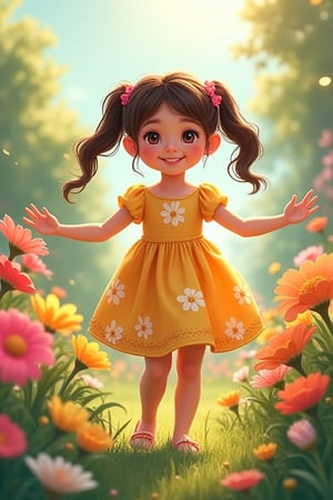  find images where a girl is wearing the same dress and has the same face in each image, but she is performing Illustration Idea: Lila, a young girl with pigtails, playing in a colorful garden filled with blooming flowers.












