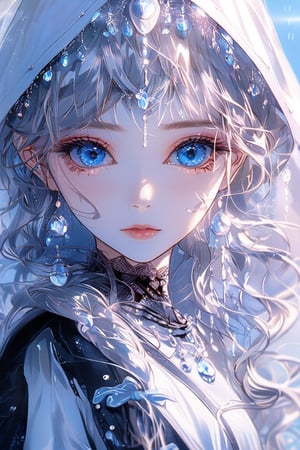 1girl, solo, long hair, twintail hajbi, looking at viewer, blush, bangs, black cat tail, jewelry, blue eyes, wavy hair, earrings, beautyful outfit, parted lips, blurry, eyelashes, ((masterpiece: 2)), excellent quality, light particles, water drop, ((stunning_image: 1.5)), Anime art style