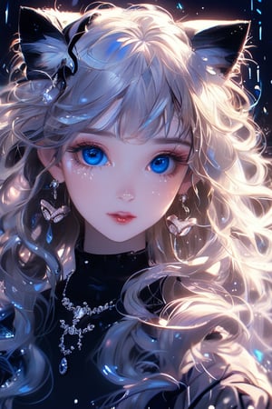 1girl, solo, long hair, twintail hairstyle, looking at viewer, blush, bangs, black cat tail, jewelry, blue eyes, wavy hair, earrings, beautyful outfit, parted lips, blurry, eyelashes, ((masterpiece: 2)), excellent quality, light particles, water drop, ((stunning_image: 1.5)), Anime art style