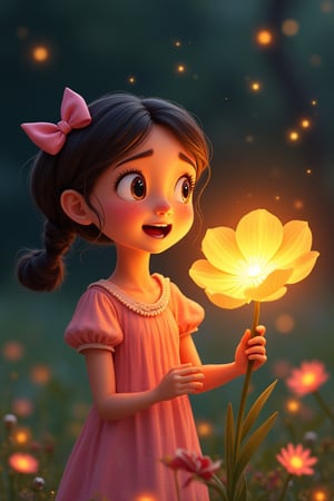  find images where a girl is wearing the same dress and has the same face in each image, but she iIllustration Idea: Lila with a surprised and delighted expression, listening to the glowing flower.
















