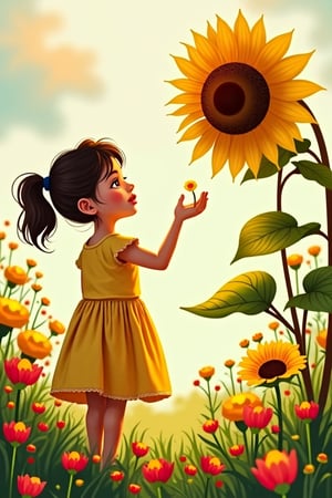  find images where a girl is wearing the same dress and has the same face in each image, but she is performing Illustration Idea: Lila watering the seed and singing, with a look of anticipation on her face.
















