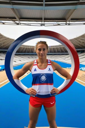 One female Canoe athlete, at Stade d'eau vive Vaires-sur-Marne
National Olympic Nautical Stadium of Île-de-France, Vaires-sur-Marne, masterpiece, best quality, high quality, Highres,change her  hair to white, Olympic,look to viewer, use fish eyes lense. At background five rings symbol of olympics games.